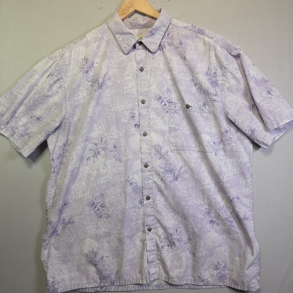 Island Shores Men's Hawaiian Shirt XL Purple Pineapple Tropical Button Front Cot